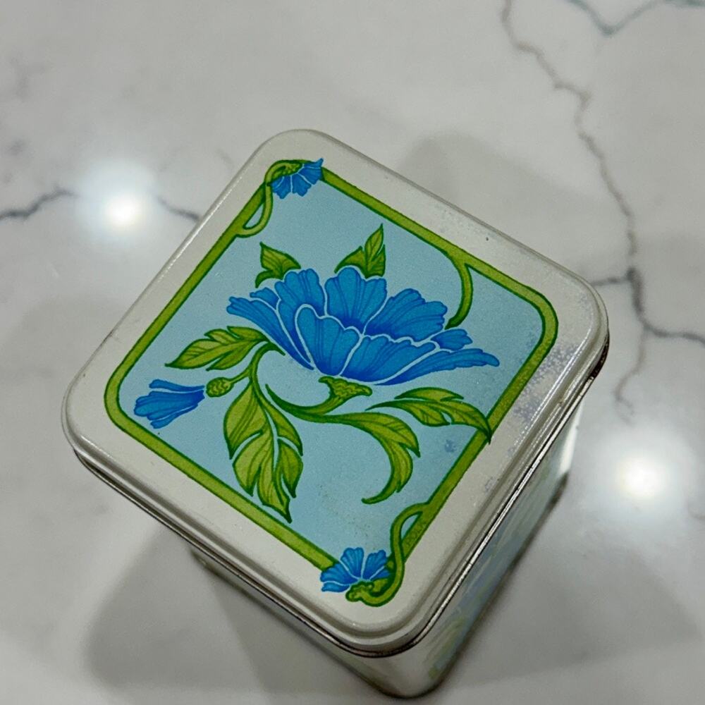 Blue Floral Metal Tin Canister Square Tea Caddy 70s Cottagecore Grandma Decor